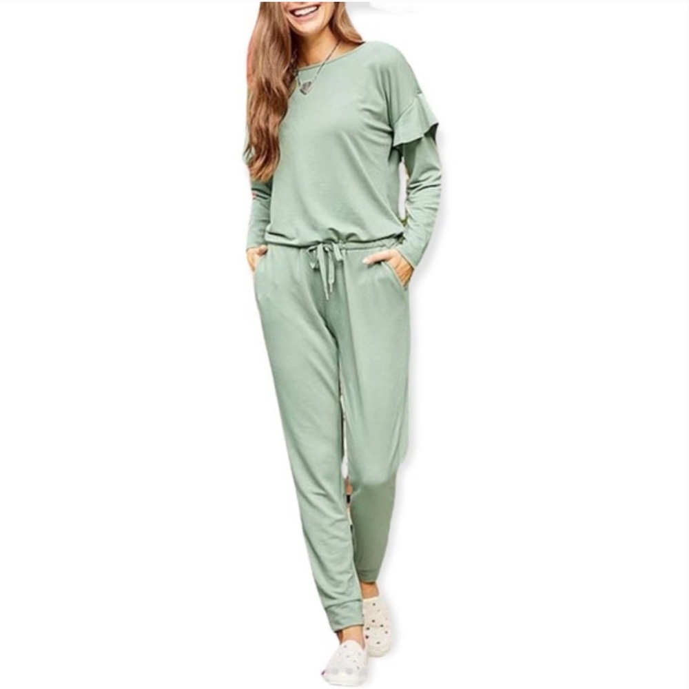 Matilda Jane Resting Day Mint Green Ruffle Sleeve Pocket Jumpsuit